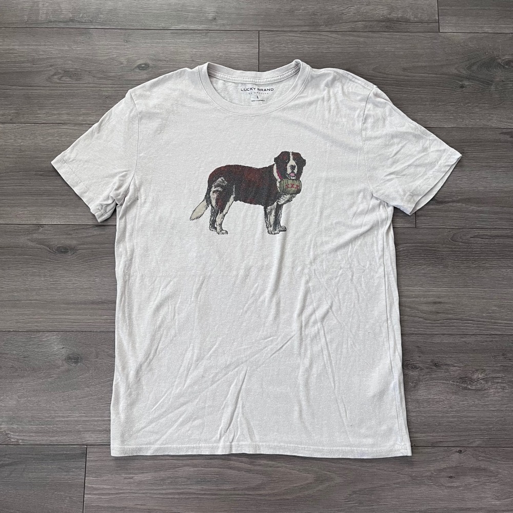 Lucky Brand Mens Saint Bernard Graphic Tee Shirt Large Heather Grey Tri-Blend